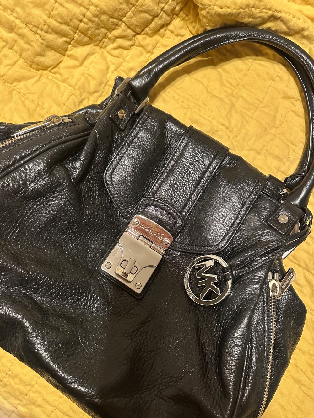 Michael Kors Black Leather Shoulder Bag with Silver Hardware